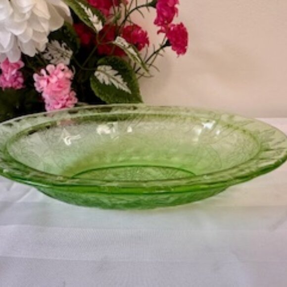 Green Depression Glass Oval Bowl Floral‎ Etched Vintage Swirl Scallop Rim - Picture 4 of 6